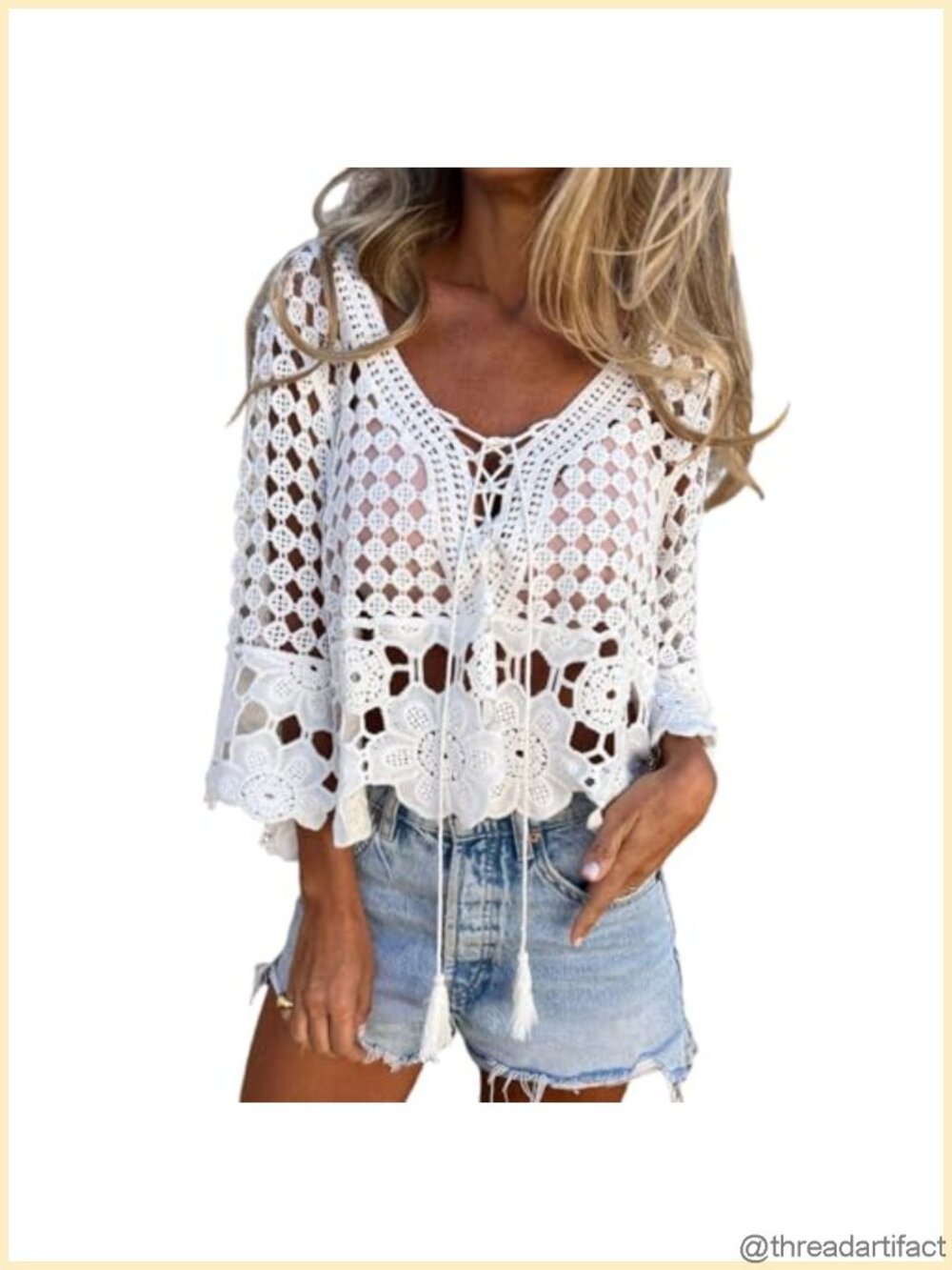 Women's Crochet Swim Cover Up 3/4 Bell Sleeve Floral Beach Top